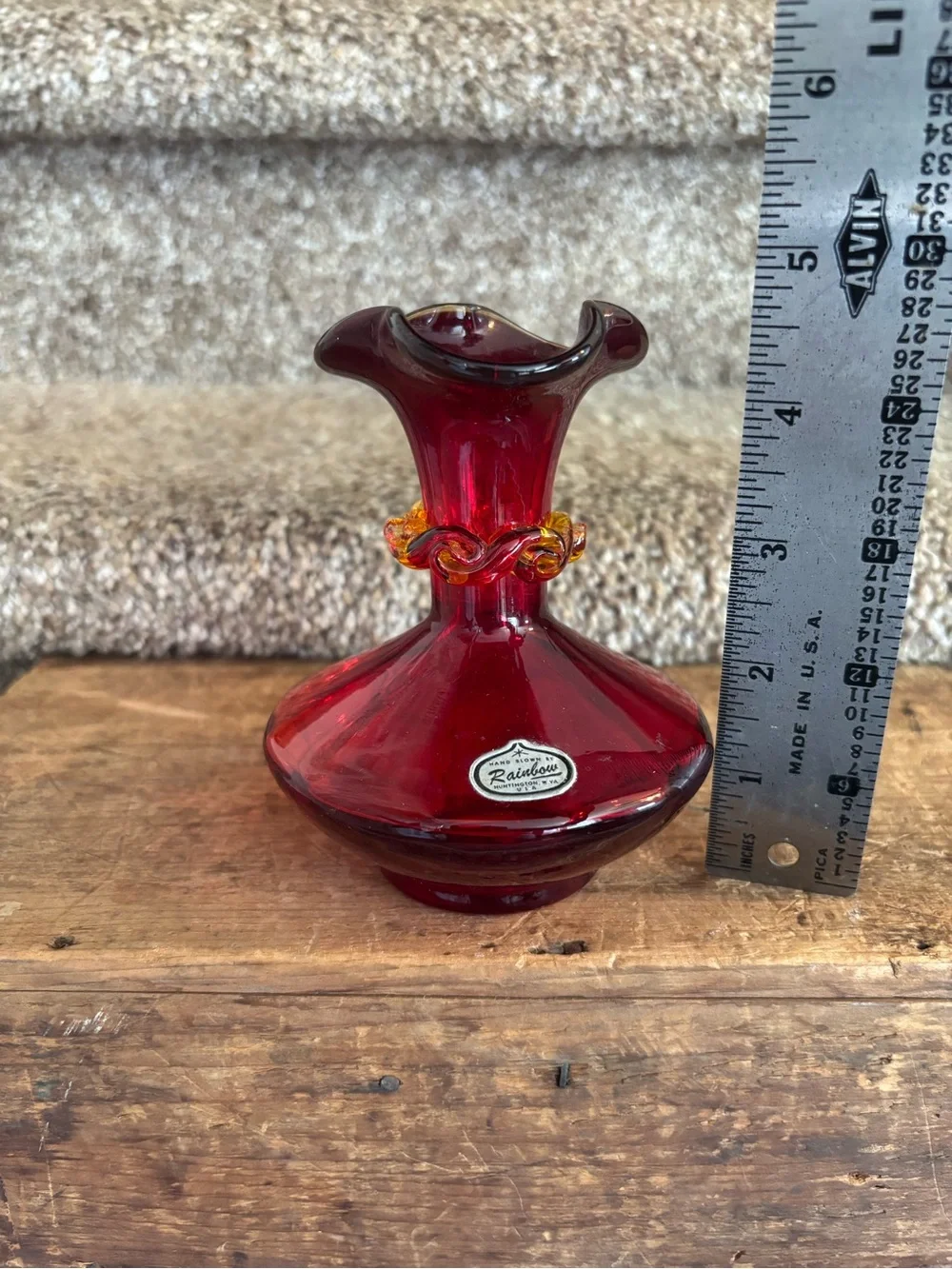 Rainbow Deep Ruby Red Glass Vase with Amber Twist